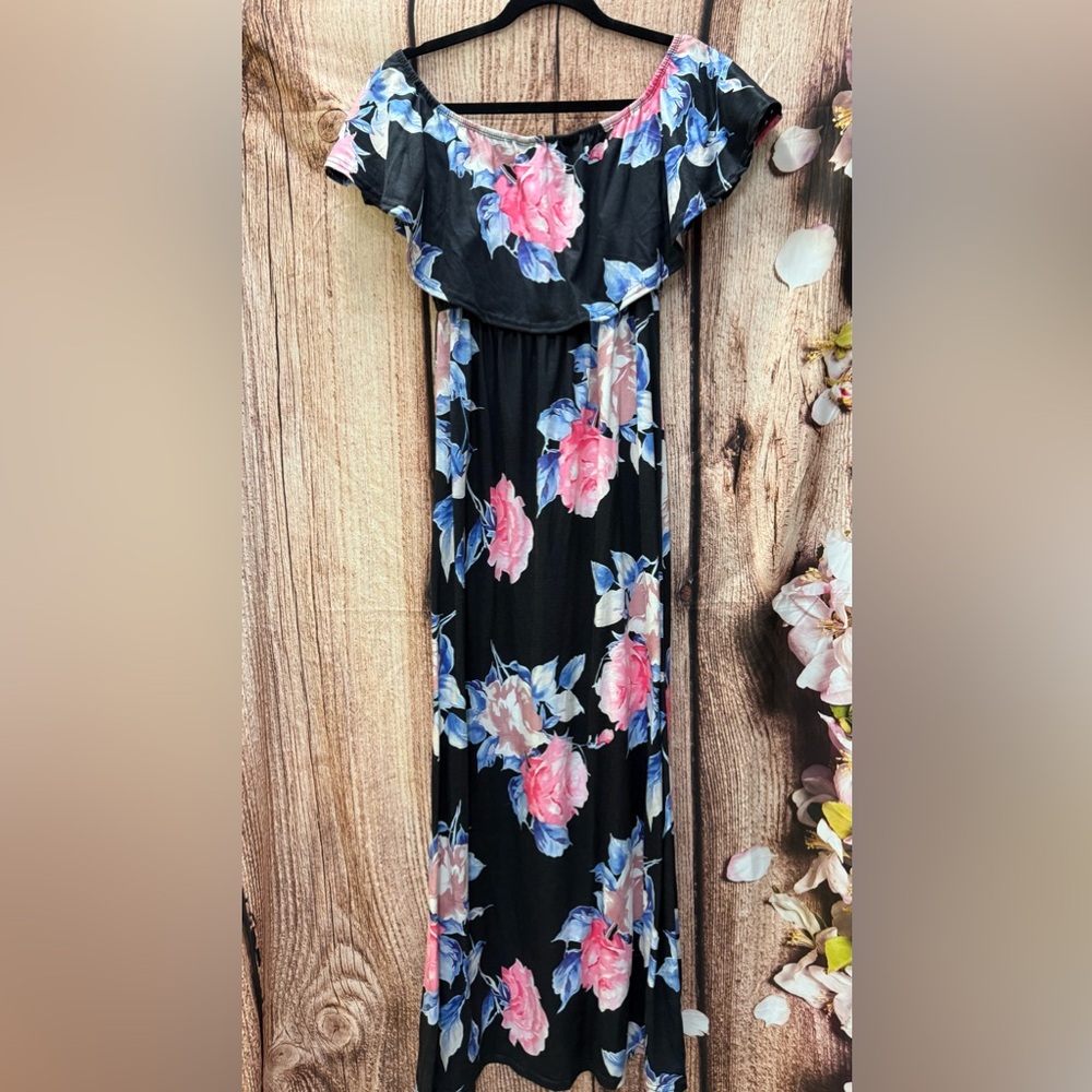 Floral Maxi Dress with Pink and Blue Flowers